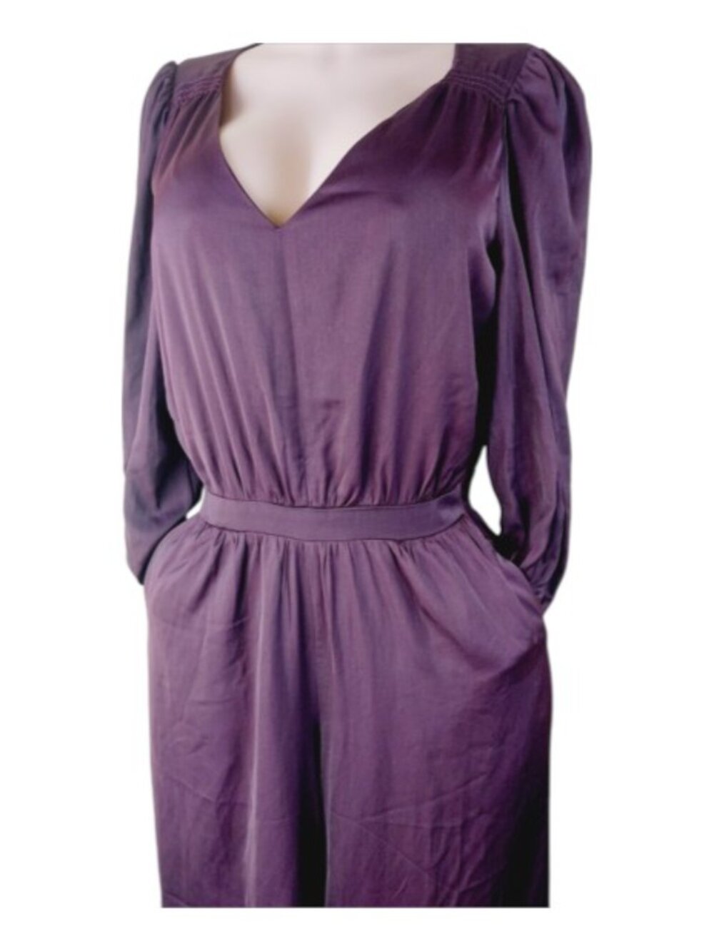 LOFT Women's Purple Plum Satin V-Neck Ruffle Sleeve One-Piece Jumpsuit Size 8